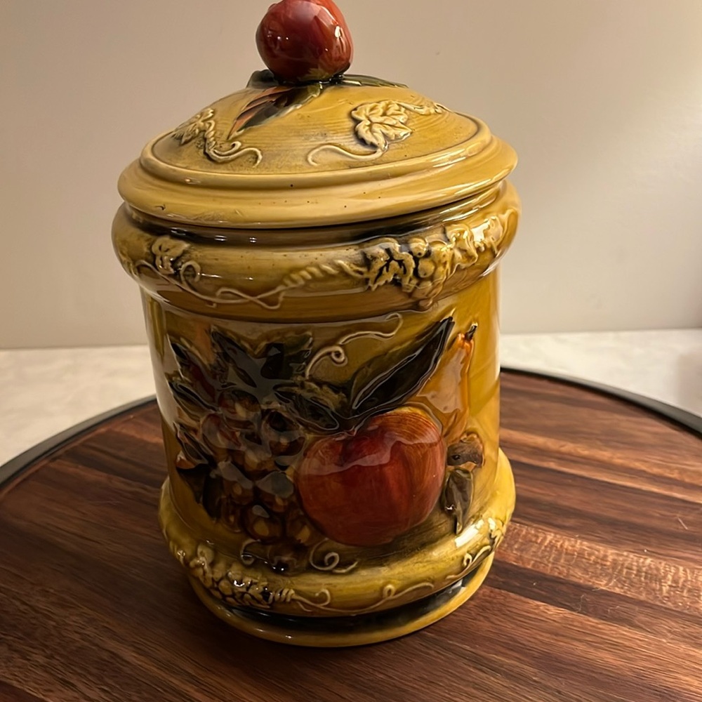 Vintage flour canister by Geo Lefton apple, pear grape design #4131
